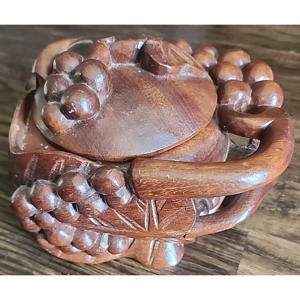 Vintage Trinket Hand Carved Wooden  Bowl Fruit Grapes  Leaves Dark Wood